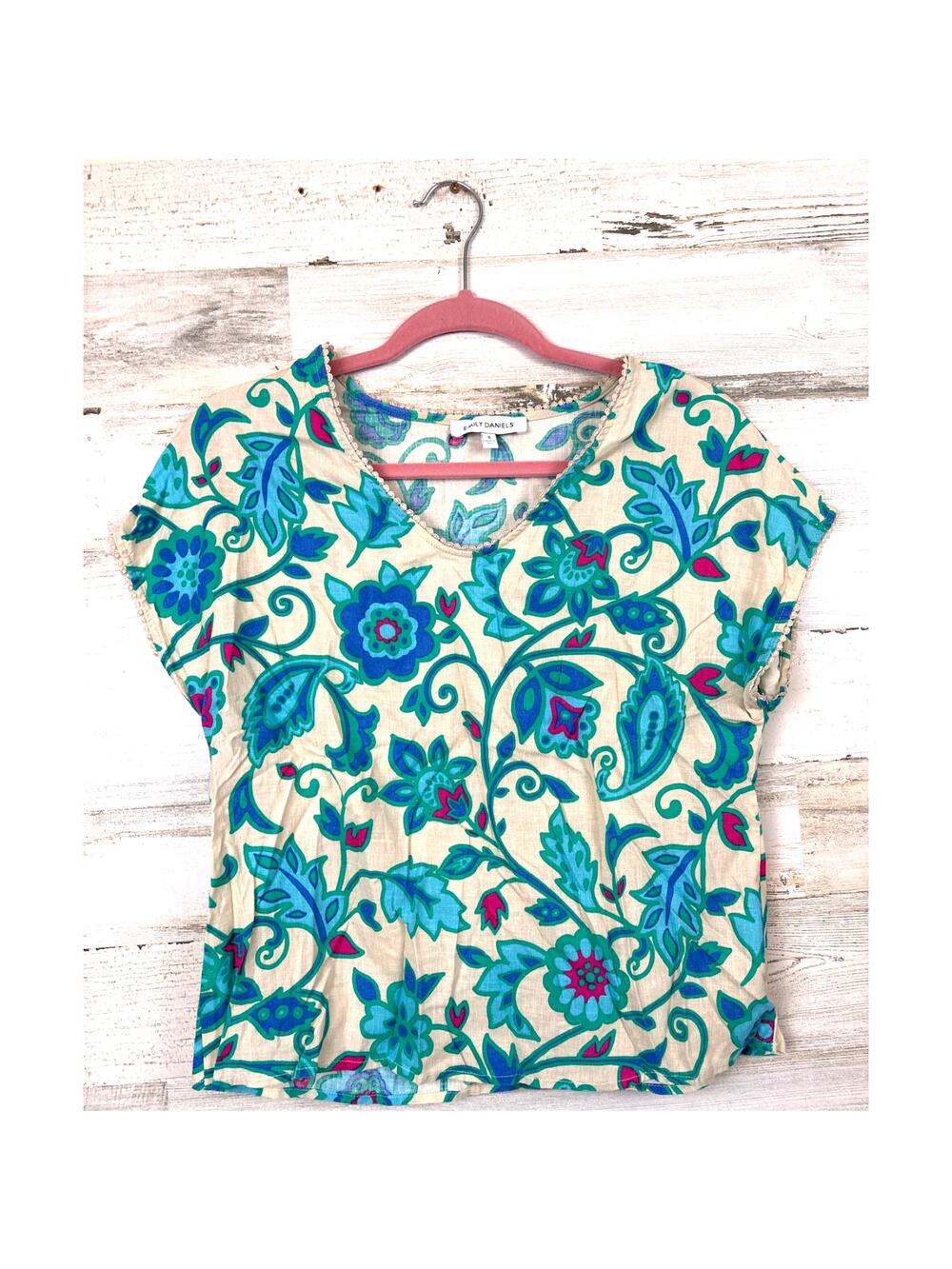 Emily Daniels Womens S White Blue Floral Linen Blend Boho Summer Blouse Top